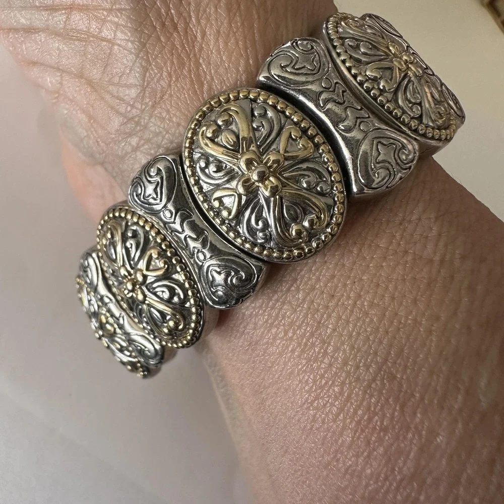 Silver Tone Gold‎ Cross Panel Bangle Bracelet Womens 8 Inch Religious Statement